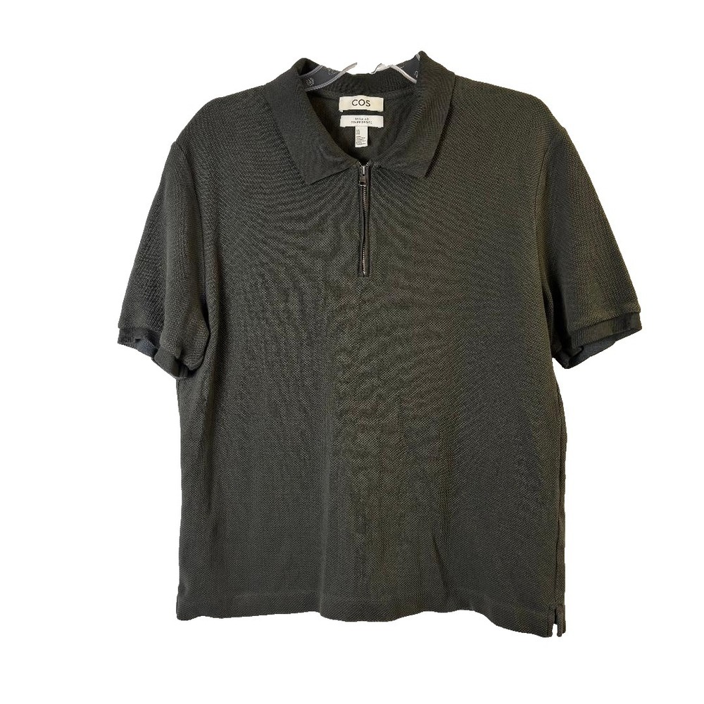 COS Coupe Droite Shirt Short Sleeve Quarter Zip Dark Olive Green Men's Size L